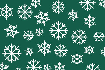 Seamless pattern of various sized white snowflakes on a deep forest green background. High-contrast vector ideal for Christmas backgrounds, winter wrapping paper, and holiday design.
