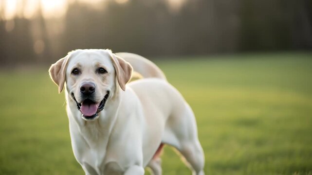 Happy yellow labrador retriever running in a sunny green field at golden hour with soft bokeh