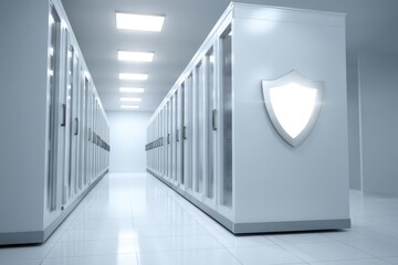 Sleek data center corridor illuminated by bright LED lights showcasing secure storage cabinets and digital protection emblem symbolizing cybersecurity innovation and advanced technology solutions