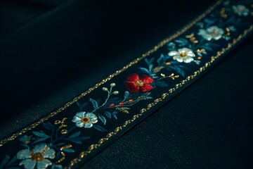 Closeup of a black strap with floral embroidery, featuring red and white flowers