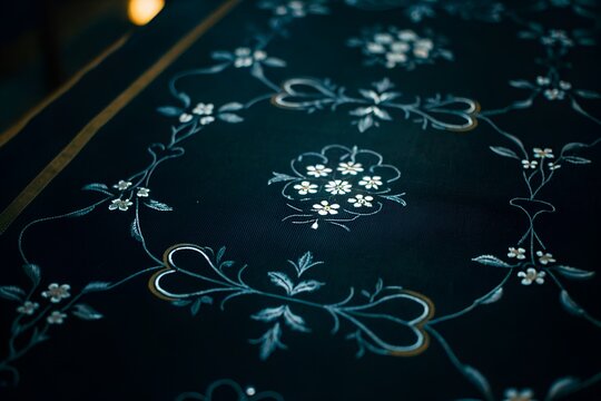 Elegant floral pattern on dark blue fabric creates a sophisticated and timeless design