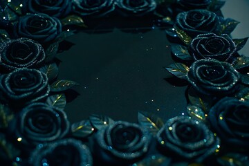 Elegant black roses frame a dark, reflective surface, creating a mysterious atmosphere