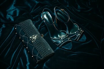 Elegant evening black beaded clutch and high heel sandals on dark teal velvet