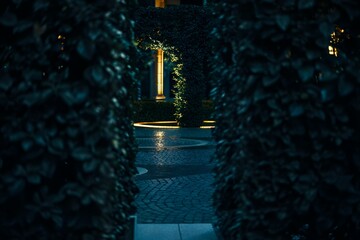 Illuminated garden path at night with water feature and manicured hedges in view