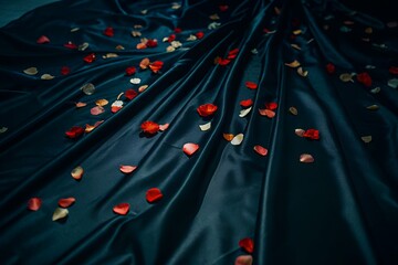 Red rose petals scattered on a draped black satin fabric create a romantic scene