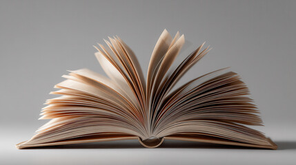 Fototapeta premium Open book with fanned pages resting on a flat surface in soft lighting during a quiet moment of reading