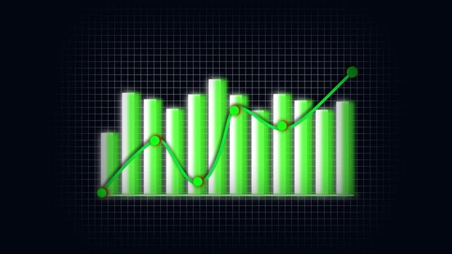 Green Bar Chart with Line Graph Overlay on Grid Background statistics. Animated green bars and line graph on grid backdrop showing trends for financial and statistical charts.