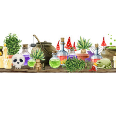 Witchcraft ingredients seamless border decoration. Vintage style watercolor illustration. Hand drawn cauldron, potion bottles, scull, herbs, candles, mandrake on white background