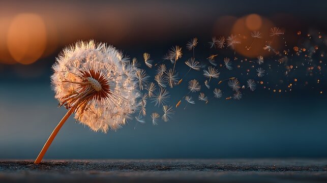 Delicate dandelion clock with seeds carried by a breeze at sunset. This magical, photorealistic macro photograph features a truly beautiful bokeh background.