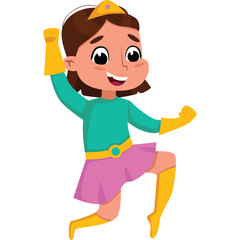 Young Girl Superhero Costume With Crown and Cape In Action Pose Teal Long Sleeve Shirt Pink Skirt Yellow Gloves and Boots Transparent Background Full Body Portrait
