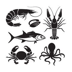 Black Silhouette Seafood Assortment with Octopus and Fish shrimp lobster