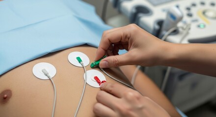 Clinician Attaching Green Connector Clip to White ECG Electrode Pad on Patient Chest