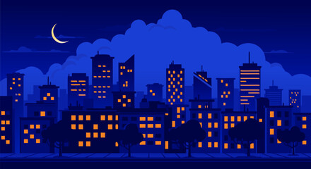Vector illustration of a pixel art city skyline at night, showing an urban landscape with glowing windows and a crescent moon a.eps