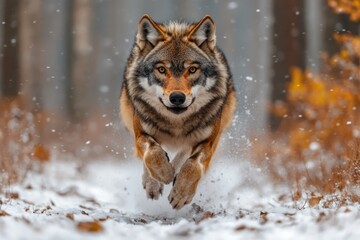 Alpha wolf leading pack through snowy pine forest at dusk