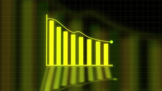Financial downturn shown in yellow bar chart with blurred grid pattern indicating market loss. Yellow Bar Graph Illustrating Downward Trend on Blurred Grid Background recession.