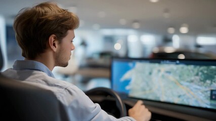 A learner reviewing a digital road map and driving simulator before the practical test, representing modern education methods, technology, and interactive training tools. cinematic color