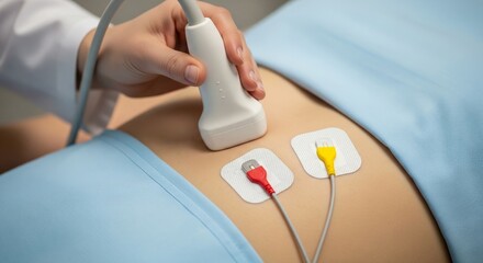 Clinician Performing Chest Ultrasound with White Handheld Probe and ECG Electrode Pads
