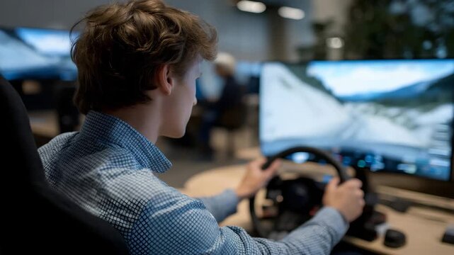 A learner reviewing a digital road map and driving simulator before the practical test, representing modern education methods, technology, and interactive training tools. cinematic color