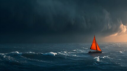 Lone sailboat with a bright orange sail navigates a dramatic, stormy sea. This powerful photo with ominous clouds symbolizes great resilience and courage.