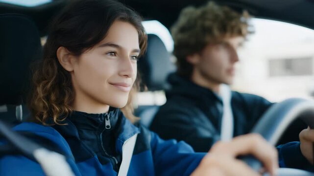 A young learner driver practicing car maneuvers with an instructor in the passenger seat, symbolizing education, road safety, and skill development in a professional driving school environment.