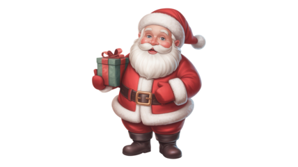 Cheerful santa claus character in traditional red suit holding a wrapped gift box isolated on transparent background