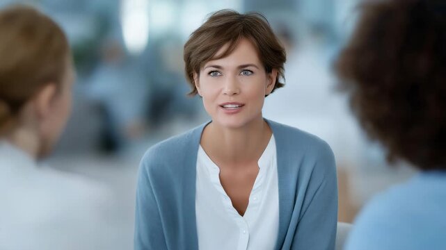 A psychologist leading a group therapy or self-development session, representing professional guidance, empathy, and the importance of mental balance and interpersonal skills. cinematic color