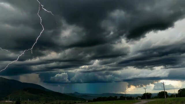Thunderstorm rolling over valley with dark anvils and distant lightning, dramatic changing light on hills