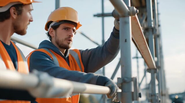 Workers installing the final signage and safety barriers during the bridge&rsquo;s commissioning phase, representing attention to detail, safety management, and the completion of public works. cinematic
