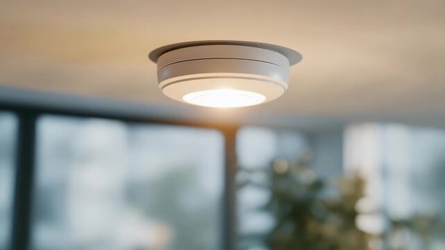 A close-up of a smoke detector mounted on a ceiling, representing fire prevention, early warning systems, and home safety technology. cinematic color correction, gentle backlight, clean negative