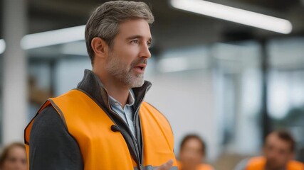 Employees participating in a fire safety training session with an instructor explaining evacuation procedures, highlighting teamwork, awareness, and occupational safety compliance. cinematic color
