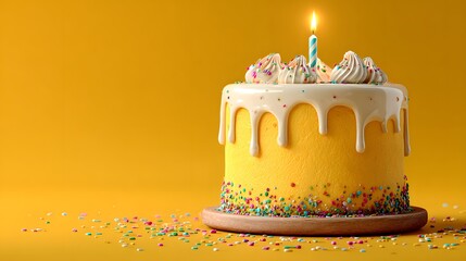 Minimalist, elegant birthday cake has a single glowing candle and colorful drips. The celebratory photo is set against a clean pastel yellow background.