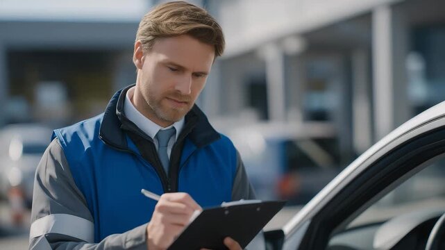 An examiner observing a candidate during a driving test, taking notes on performance and safety compliance, symbolizing official evaluation and responsibility. cinematic color correction, gentle