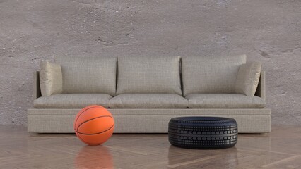 sofa with a basketball and a tire created by 3D modeling concept photorealistic interior art...