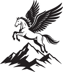 Pegasus Flying Over Mountain Peaks  Mythological Winged Horse Vector Logo Design