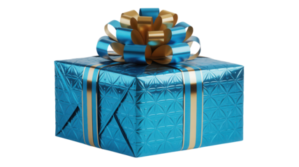 A bright blue metallic gift box with a golden and blue ribbon bow isolated on transparent background