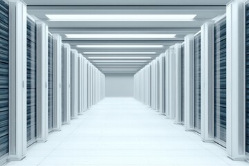 Expansive view of a state of the art data center featuring rows of advanced server racks illuminated by soft ambient light enhancing the futuristic architectural design