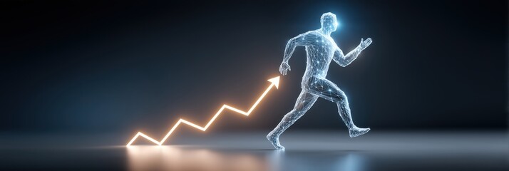 Digital Human Running Towards Success with Glowing Growth Arrow