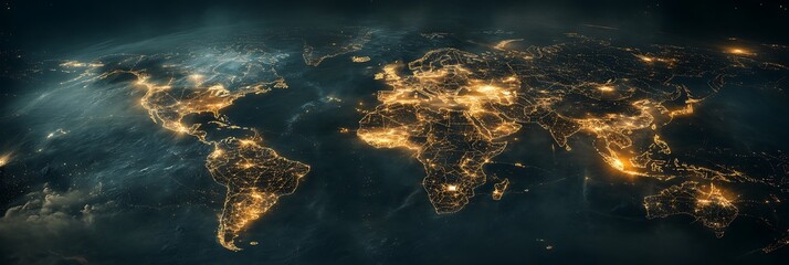 Illuminated world map at night, showcasing global connectivity and urban lights across continents. It's a view from space