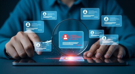 Recruitment Candidate Search HUD with Magnifying Glass Highlighting Profile Card