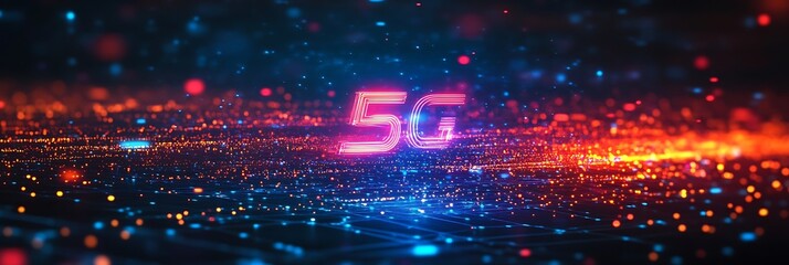 Vibrant 5G digital illustration showcasing technological advancement and connectivity. The image has a futuristic and abstract style, with bright colors