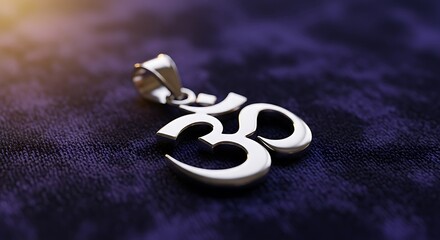 Silver Om Pendant on Dark Blue Velvet Background Close Up