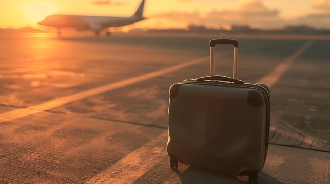 Solitary suitcase on tarmac with airplane in distance, symbolizing travel, departure, and journey concepts. Modern luggage and aviation themes for travel-related projects.
