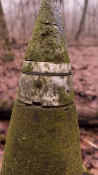 in the autumn forest near Kharkov, Ukraine on a stump stands an unexploded three-inch artillery shell, produced in the Third Reich. the inscription on the fuse has been preserved