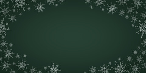 Christmas background with a subtle border of white snowflakes on a solid dark green center. Perfect for text overlays, winter promotions, and minimalist holiday projects. © Kseniia.Mys