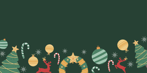 Christmas border illustration with festive elements (trees, reindeer, candy canes, baubles) on a dark green background. Ideal for banners, headers, and greeting cards.