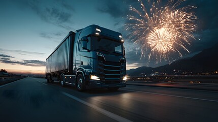 Semi-truck drives down a highway at dusk with a stunning fireworks display ahead. This cinematic and festive image celebrates the world of transport.