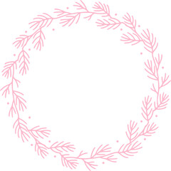 Pink Minimalist Christmas Botanical Wreath Outline in Pastel Hand Drawn Illustration