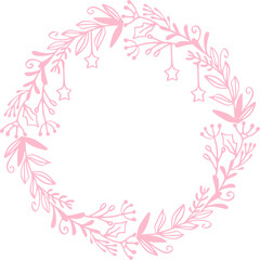 Pink Vintage Christmas Botanical Wreath with Star  Outline in Pastel Hand Drawn Illustration