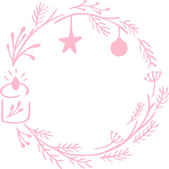 Hand-drawn Pink Cozy Christmas Wreath with Candle and Star Ornament Outline in Pastel Hand Drawn Illustration