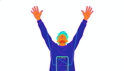 Neon illustration of user celebrating successful mobile app integration and digital victory experience